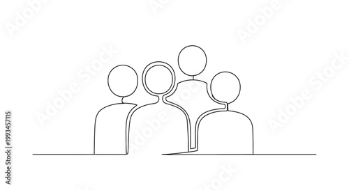 Minimalist Line Art: Group of Four People Silhouettes, Unity and Connection Concept