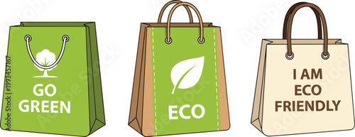 Eco Friendly Shopping Bags Vector Set with Go Green, Eco, and Sustainable Messages for Reusable Packaging, Zero Waste Lifestyle, and Environmental Awareness Design