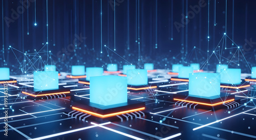 Abstract digital technology background with glowing blue processor chips and interconnected data network lines representing artificial intelligence and computing