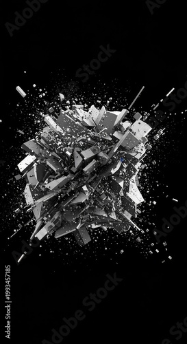 Dynamic composition of disjointed geometric shapes, representing chaos, digital breakdown, and modern complex data structures ,pattern ,design ,synthetic