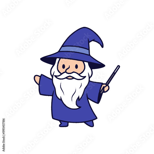 Cute Cartoon Wizard with Wand and Blue Hat.