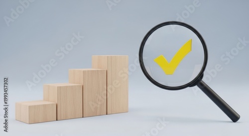 Wooden block bar chart with magnifying glass, yellow check mark for quality control, business growth and data verification concept