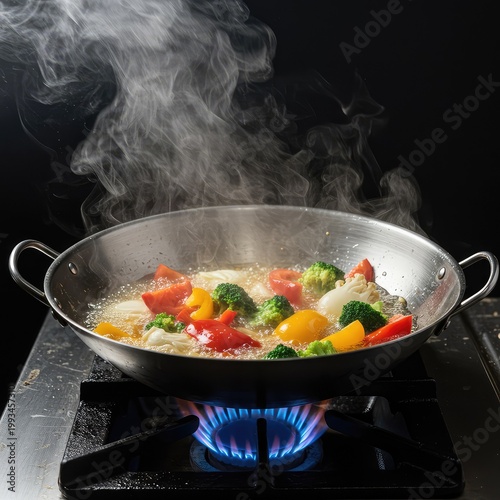 Dynamic high-angle shot capturing colorful vegetables cooking in a large metal wok over a burner with rising steam and oil ,hot ,high-angle ,stirfry