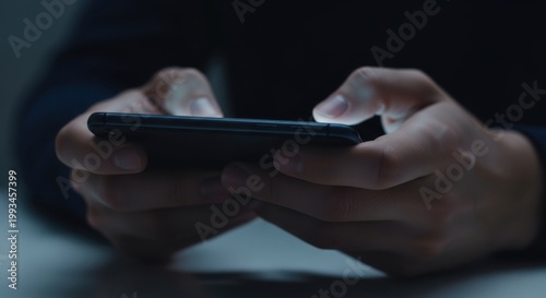 Cybersecurity concept with hands using smartphone in the dark, mobile hacking and data privacy breach, anonymous person typing on cell phone