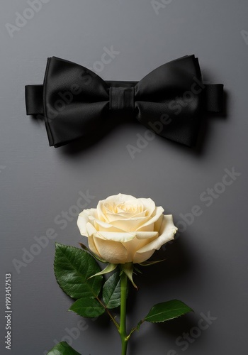 Elegant contrast between a formal black bow tie and a delicate, creamy white rose suggesting sophistication and celebration ,silk ,luxury ,event
