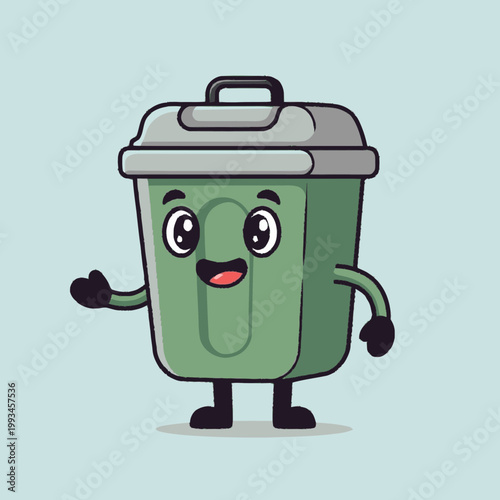 Cute Green Trash Can Mascot Waving.