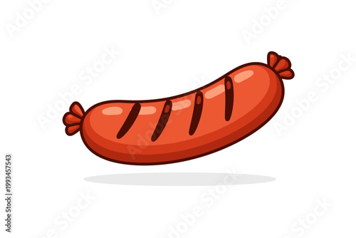 Grilled Sausage Cartoon Illustration with Dark Grill Marks Floating on a White Background, Simple Flat Vector Art of a Tasty Hot Dog or Bratwurst, Ideal for Food Advertising, Menus, and BBQ Designs.
