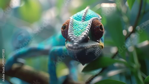 Vibrant Blue Chameleon Perched on a Tropical Tree Branch