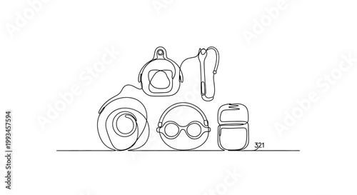 Collection of swimming accessories, goggles, cap, earplugs, nose clip isolated on white