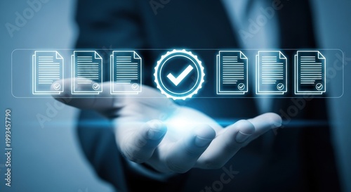 Quality assurance inspection with magnifying glass, businessman checking compliance and standards, digital checkmark and checklist icons