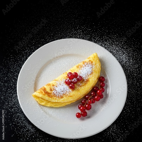 Fluffy sweet omelette dusted generously with powdered sugar and topped with fresh red berries, ideal for a decadent breakfast meal or dessert ,traditional ,cooked ,homemade