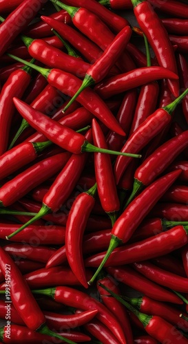 Freshly harvested vibrant red chili peppers arranged in a pile. These small, ripe peppers provide heat and flavor for various culinary dishes ,flavor ,gourmet ,food