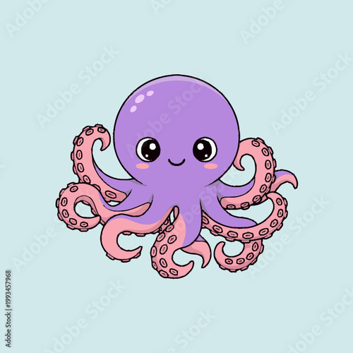 Cute purple octopus with pink tentacles smiling.