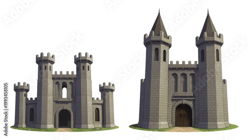 Historic church with stone facade and tall steeples isolated on transparent background