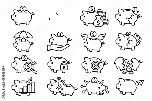 Piggy Bank Line Icons Set: Modern Thin Style Vector Illustration of Finance Related Icons including Savings, Investment, Banking, Money Protection, Financial Growth, Risk, and Digital Assets.