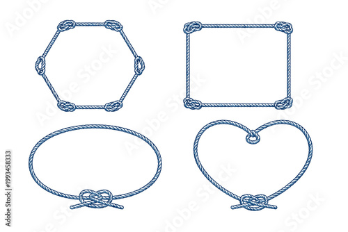 Nautical Rope Frame Border Set with Hexagon Square Oval and Heart Shapes. Blue Sailor Theme Marine Knots and Cord Decorative Elements Isolated on White Background. Vector Illustration.