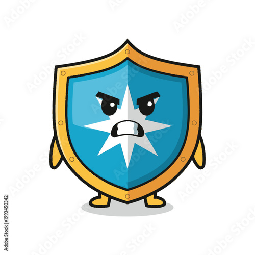Angry shield cartoon character with a star emblem.