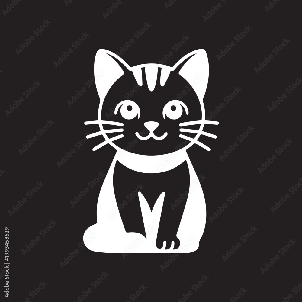 Obraz premium Cute cartoon cat silhouette with wide eyes and stripes on a black background