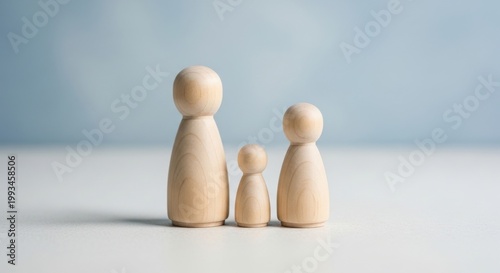 Minimalist wooden peg dolls representing a small family, natural wood figurines on white surface, concept of parenthood and childhood