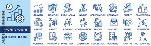 Profit Growth icon set. Containing financial, investment, success, economy, opportunity, and more. Outline vector icons collection