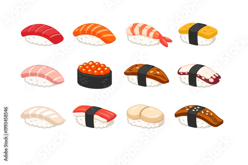Sushi Nigiri Icons Set of Traditional Japanese Food Symbols. Flat and Hand-Drawn Vector Illustration of Tuna, Salmon, Shrimp, Eel, Octopus, Salmon Roe, Scallop, and Egg Tamago Sushi on White.