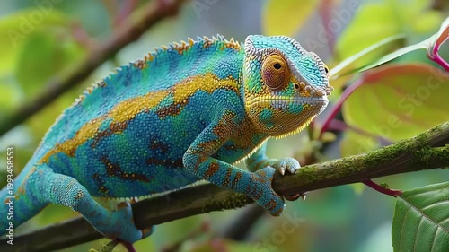 Colorful Panther Chameleon Resting on a Mossy Branch