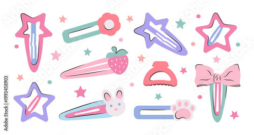 Set of diverse hair clips with cute decorations including star, strawberry, bunny and bow. Colorful hair accessories for girl in flat vector style. Fashionable elements for hair design.