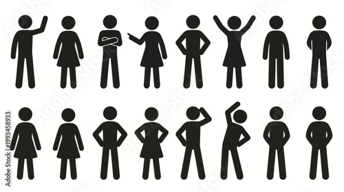 Collection of diverse stick figure people icons representing various poses and activities