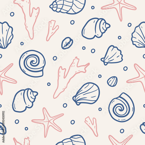Seamless pattern with seashell, starfish, coral and marine elements in Mediterranean line style. Hand drawn vector illustration for textiles, packaging, beachwear and seaside decor.