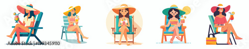 vector of a woman sitting relaxed on a beach chair drinking ice in the summer front view
