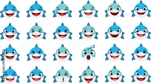 Cute Baby Shark Emoji Set with Various Facial Expressions and Cartoon Emotions for Kids Design, Messaging Apps, Stickers, and Vector Illustration Collection.