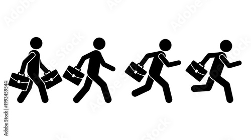 Stick figures running with briefcases in a line