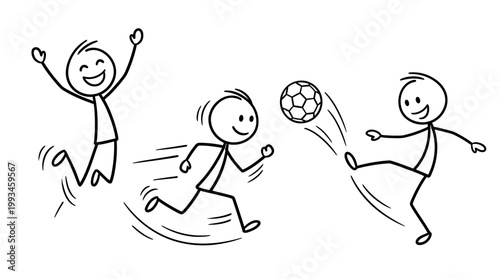 Stick Figures Playing Soccer Together Outdoors on a Sunny Day