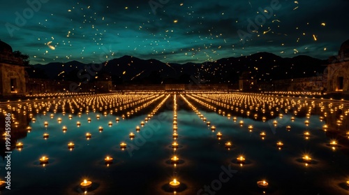 Spiritual Diwali Festival of Lights with Floating Candles on Water for Mindfulness Ritual