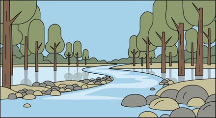 Leinwandbilder Olivgrün Cartoon river landscape with trees and rocks under a clear sky background  © Kry
