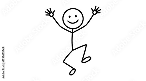 Cheerful stick figure cartoon jumping with arms raised, expressing joy and happiness