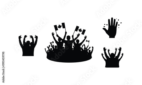 Crowd of people celebrating Canada with flags silhouette vector.