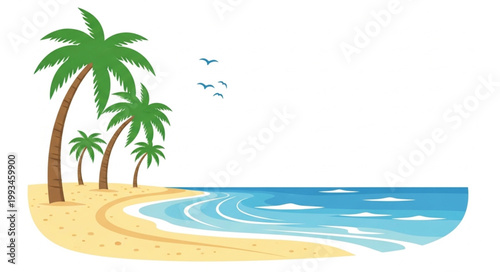 Tropical Beach Scene with Palm Trees and Ocean Waves.
