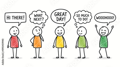 Group of stick figure characters expressing diverse emotions and ideas in speech bubbles