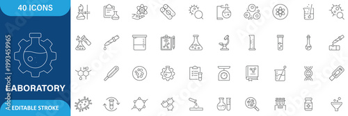 Laboratory Icon Set. Containing Experiment, Test Tube, Microscope, Flask, Chemical, Biology, Research, Lab, Science, Analysis, Medicine and More. Editable Stroke. Vector Illustration