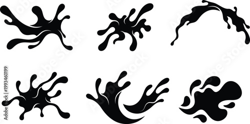 Black ink splash silhouettes and dynamic liquid splatter vectors isolated on white for creative graphic design projects, artistic paint drips, and messy water drop elements.