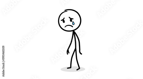 Sad stick figure crying with a tear falling down its face