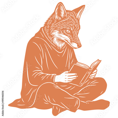 An anthropomorphic fox character sits cross-legged reading a book. A clever, literary mascot. Vector illustration in a graphic, linocut print style.