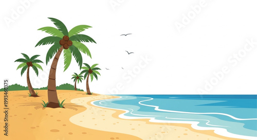 Tropical beach scene with palm trees and ocean waves.