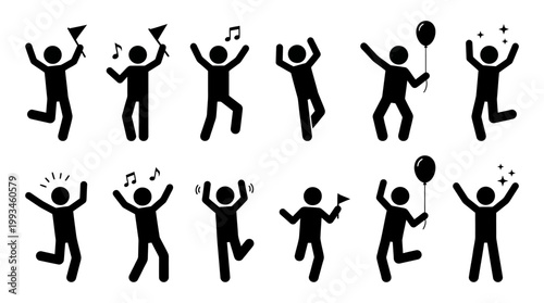 Celebration stick figures with music notes and flags waving