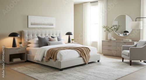 Elegant bedroom interior with neutral tones and textured fabrics creating a serene and inviting atmosphere for relaxation and rest