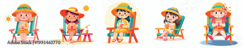 Bild auf Leinwand vector of a little girl sitting relaxed on a beach chair drinking ice in the sum