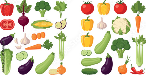 Fresh Vegetable Collection Vector Set with Tomato, Carrot, Broccoli, Eggplant, Corn, and More for Healthy Food Design, Cooking Ingredients, and Organic Farm Illustration