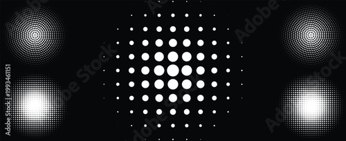 Glowing white dots arranged in grid pattern on black background with spotlight effects