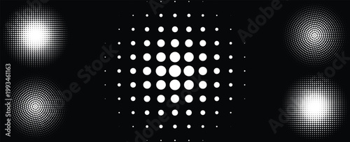 Glowing white dots arranged in rows shine brightly on a dark background with spotlights.